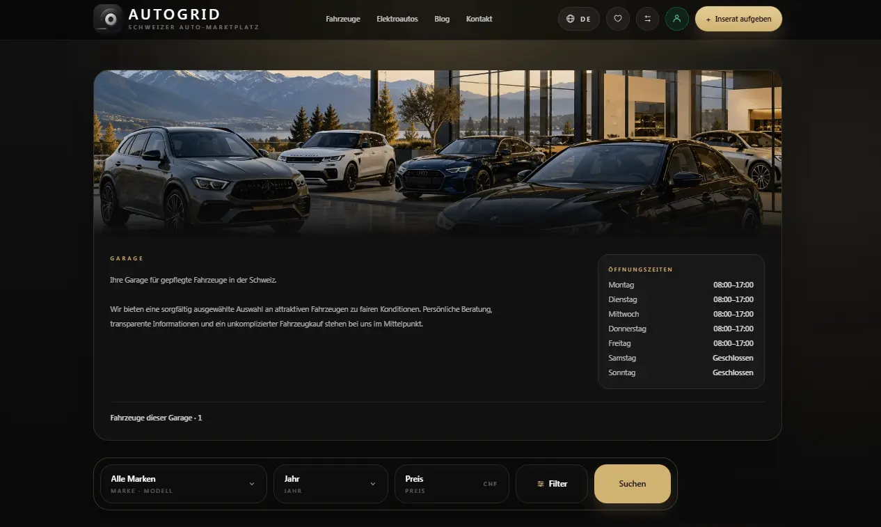 Pagina garage in Svizzera: presentare stock veicoli, orari e identità su Autogrid.ch